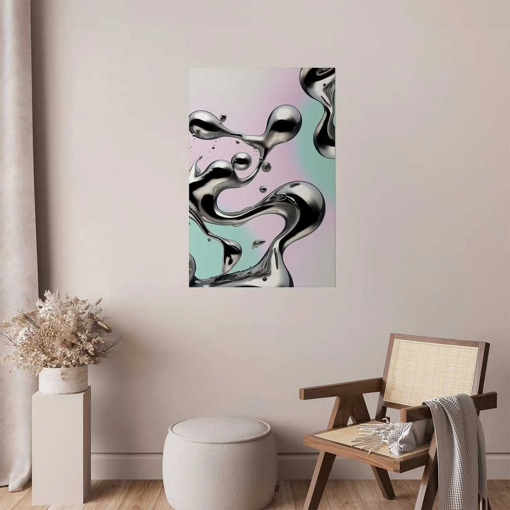Artgeist Plakatas - Metallic Fluidity - abstract sidabrinis forms on a mint-violetinė background