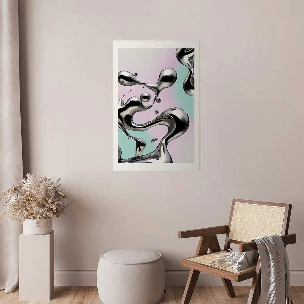 Artgeist Plakatas - Metallic Fluidity - abstract sidabrinis forms on a mint-violetinė background