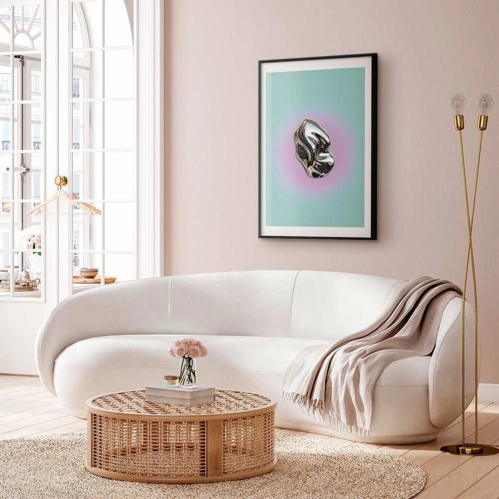 Artgeist Plakatas - Metallic Form - abstract sculpture on a mint background with a violetinė halo