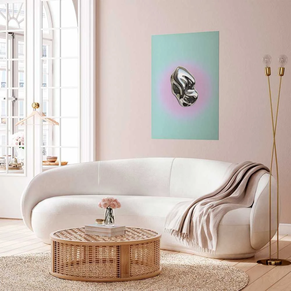Artgeist Plakatas - Metallic Form - abstract sculpture on a mint background with a violetinė halo