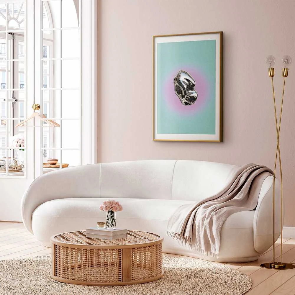 Artgeist Plakatas - Metallic Form - abstract sculpture on a mint background with a violetinė halo