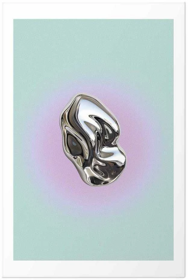 Artgeist Plakatas - Metallic Form - abstract sculpture on a mint background with a violetinė halo