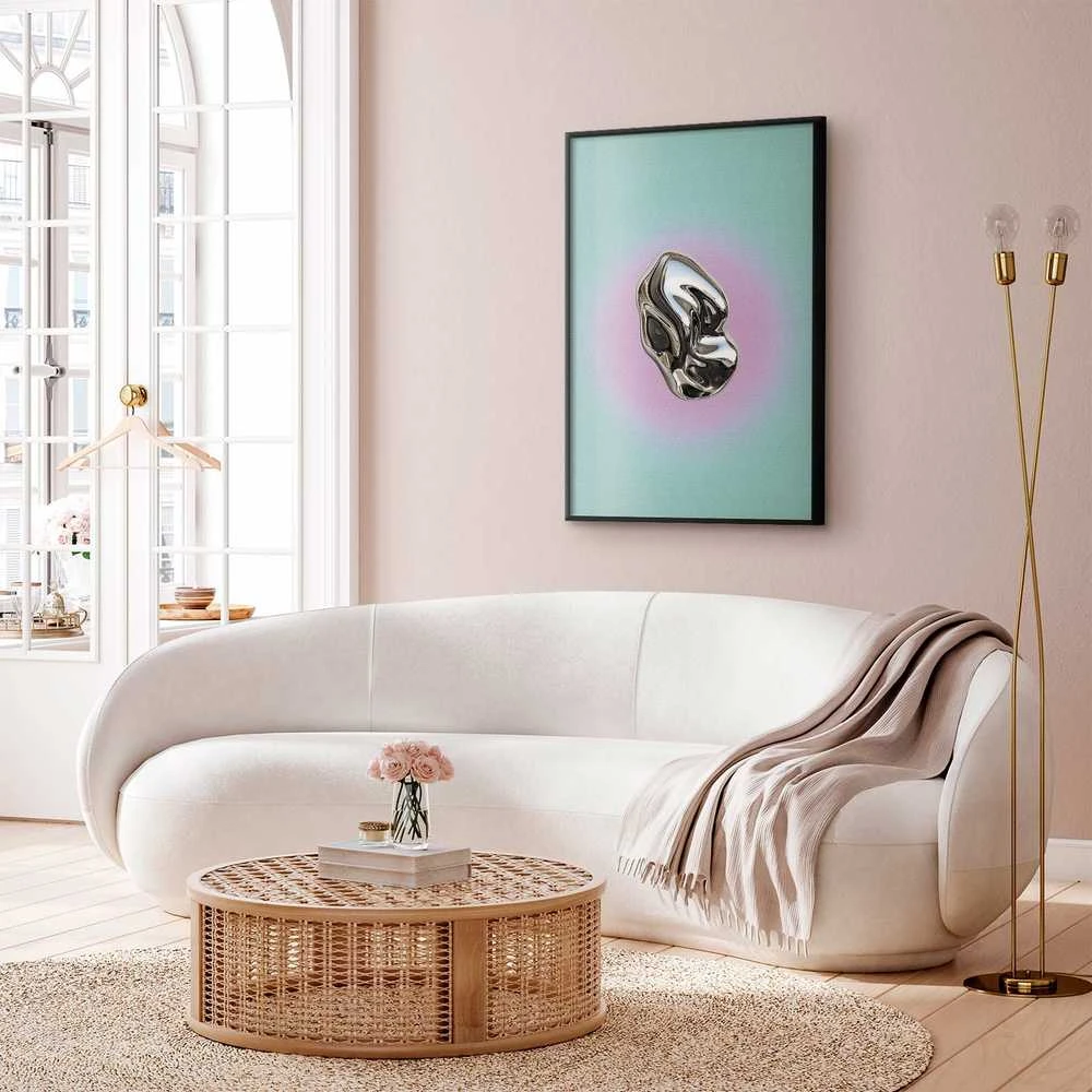 Artgeist Plakatas - Metallic Form - abstract sculpture on a mint background with a violetinė halo