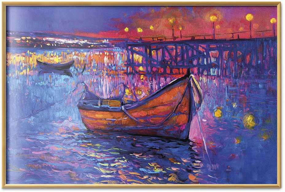 Artgeist Plakatas - Modern impressionism - night landscape of a lake with a floating boat