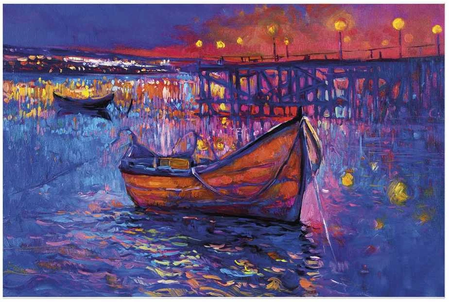 Artgeist Plakatas - Modern impressionism - night landscape of a lake with a floating boat