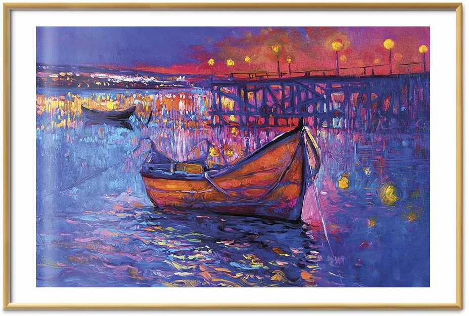 Artgeist Plakatas - Modern impressionism - night landscape of a lake with a floating boat