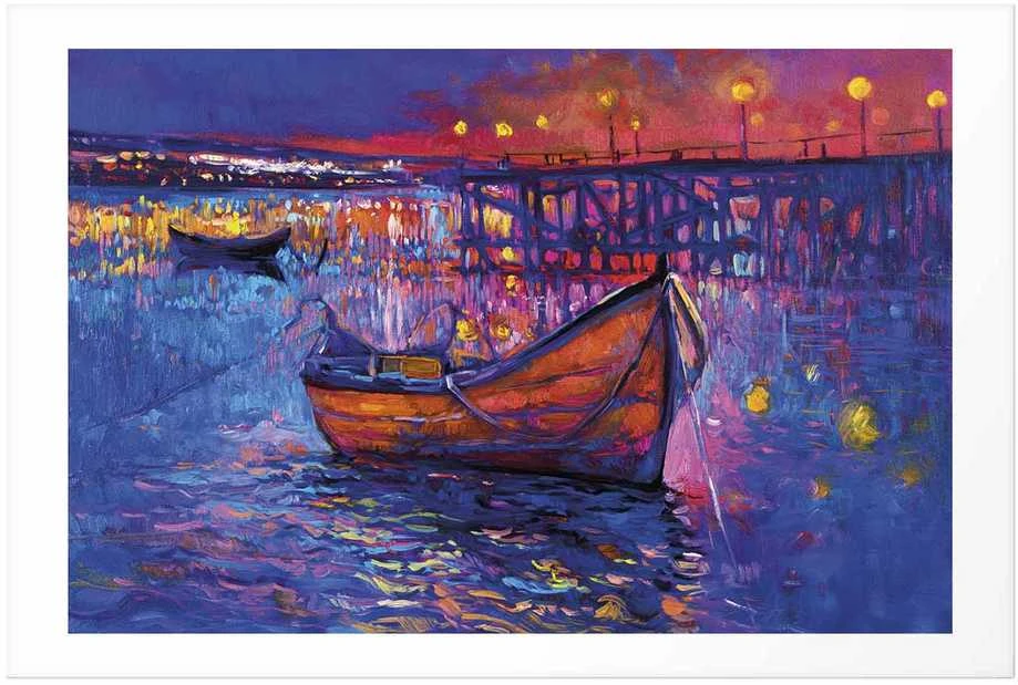 Artgeist Plakatas - Modern impressionism - night landscape of a lake with a floating boat