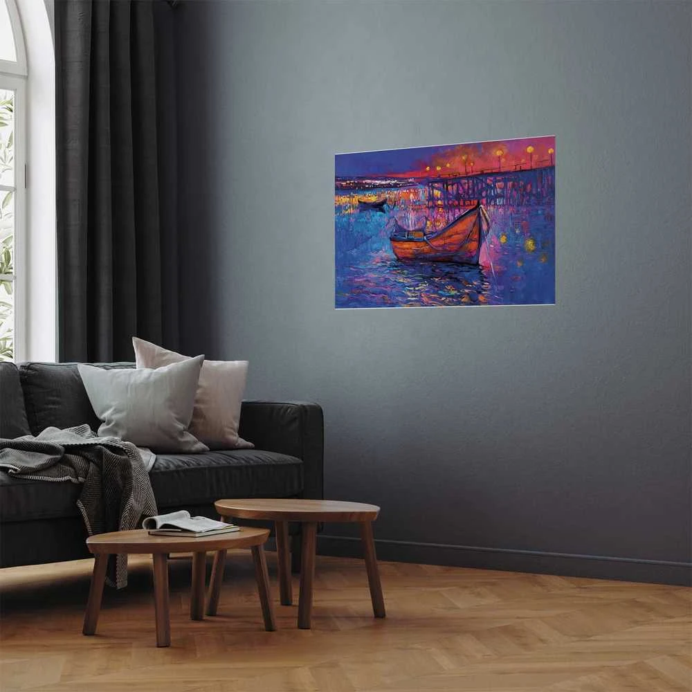 Artgeist Plakatas - Modern impressionism - night landscape of a lake with a floating boat