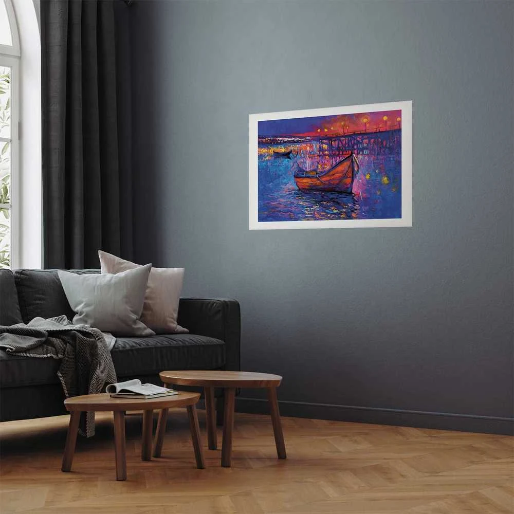Artgeist Plakatas - Modern impressionism - night landscape of a lake with a floating boat