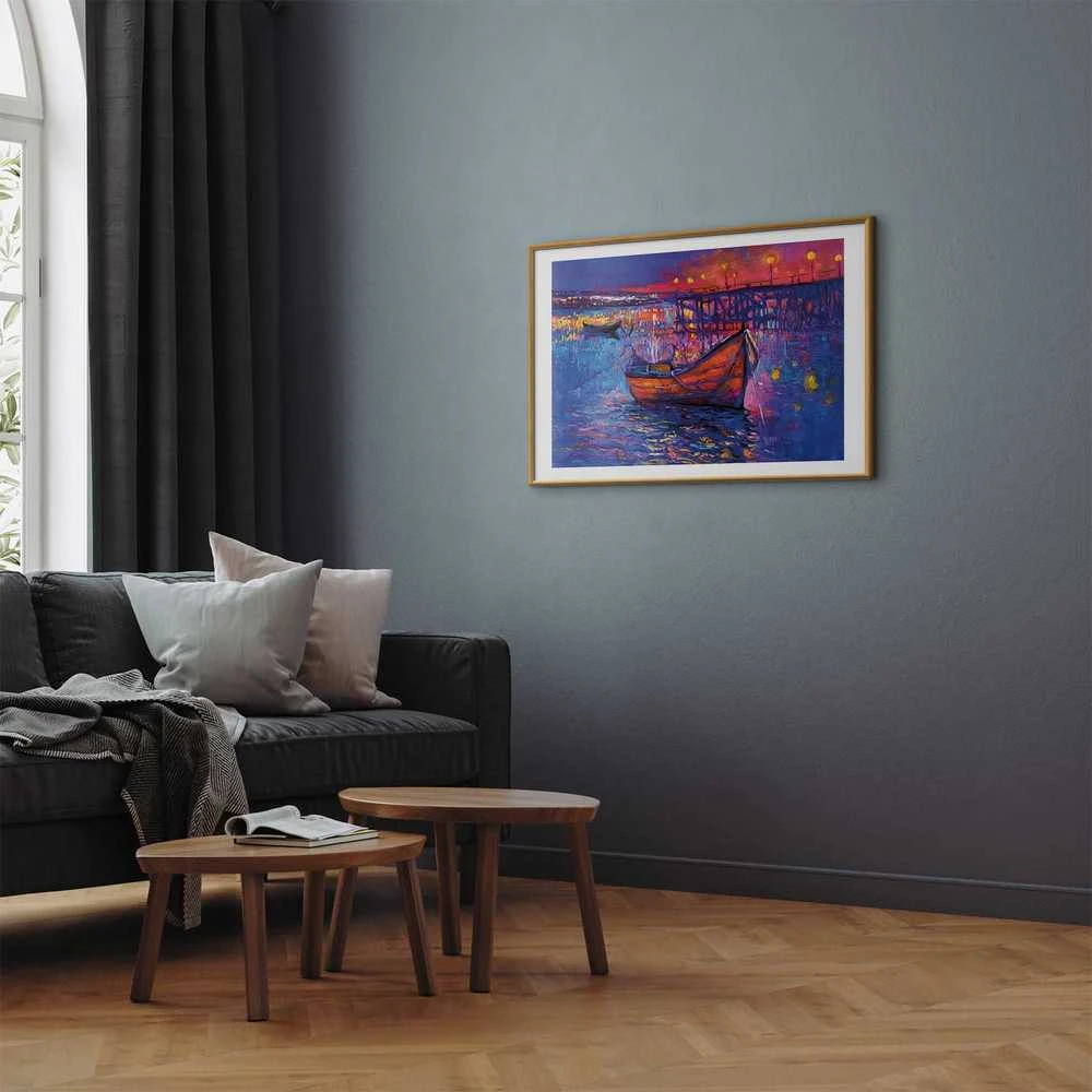 Artgeist Plakatas - Modern impressionism - night landscape of a lake with a floating boat