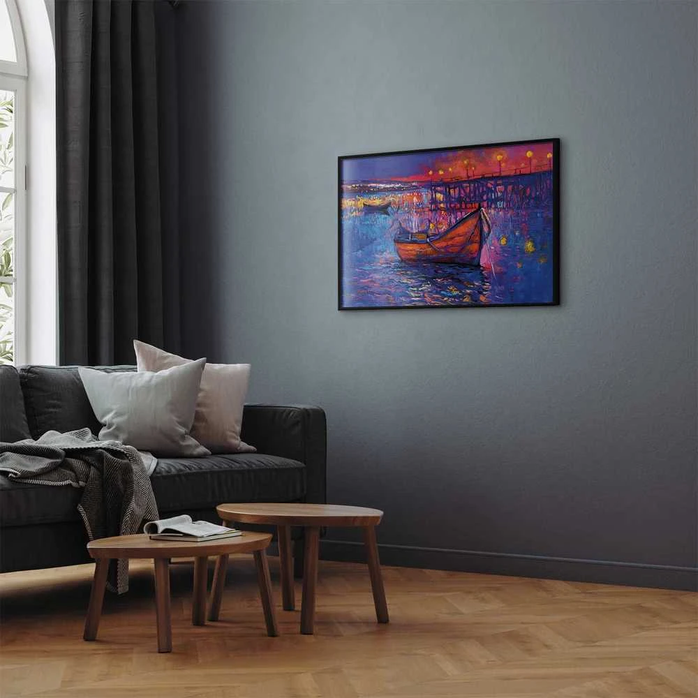 Artgeist Plakatas - Modern impressionism - night landscape of a lake with a floating boat