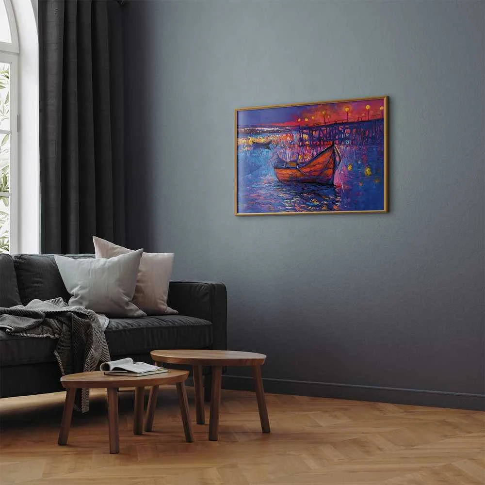 Artgeist Plakatas - Modern impressionism - night landscape of a lake with a floating boat