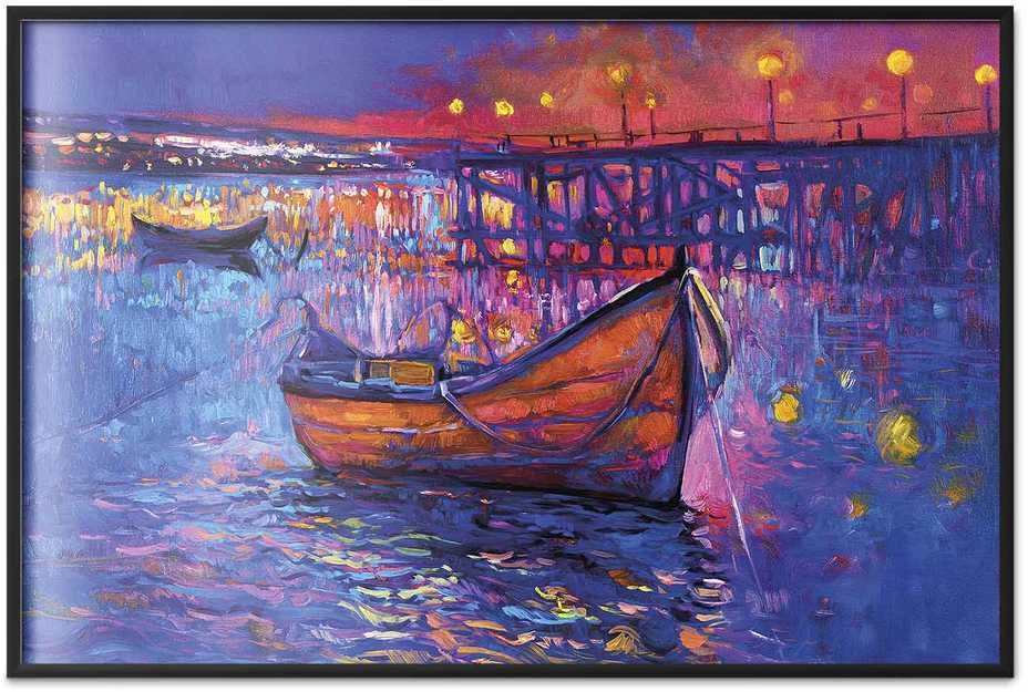 Artgeist Plakatas - Modern impressionism - night landscape of a lake with a floating boat