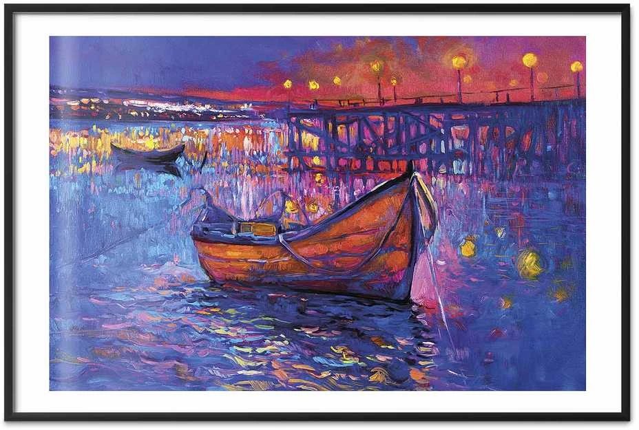 Artgeist Plakatas - Modern impressionism - night landscape of a lake with a floating boat