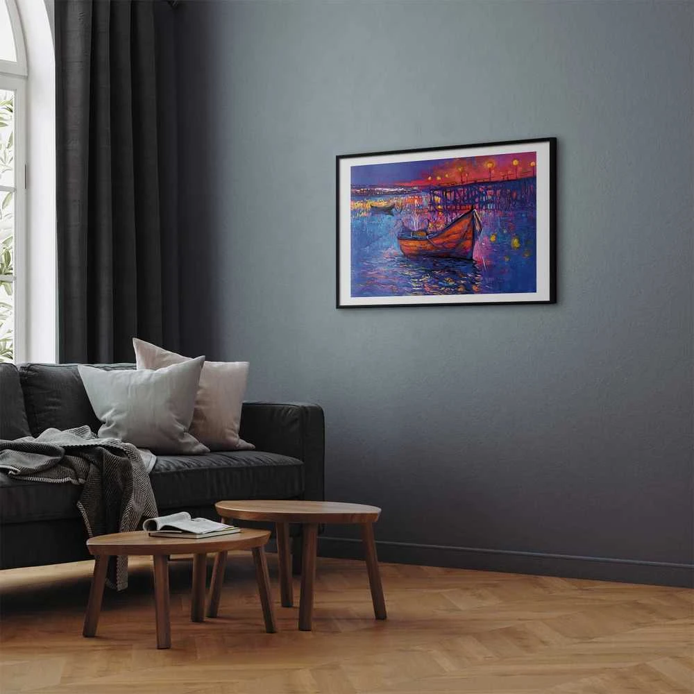 Artgeist Plakatas - Modern impressionism - night landscape of a lake with a floating boat