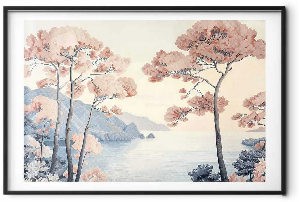 Artgeist Plakatas - Ocean Cliffs and Trees; Delicate Motif in Pastel Colors