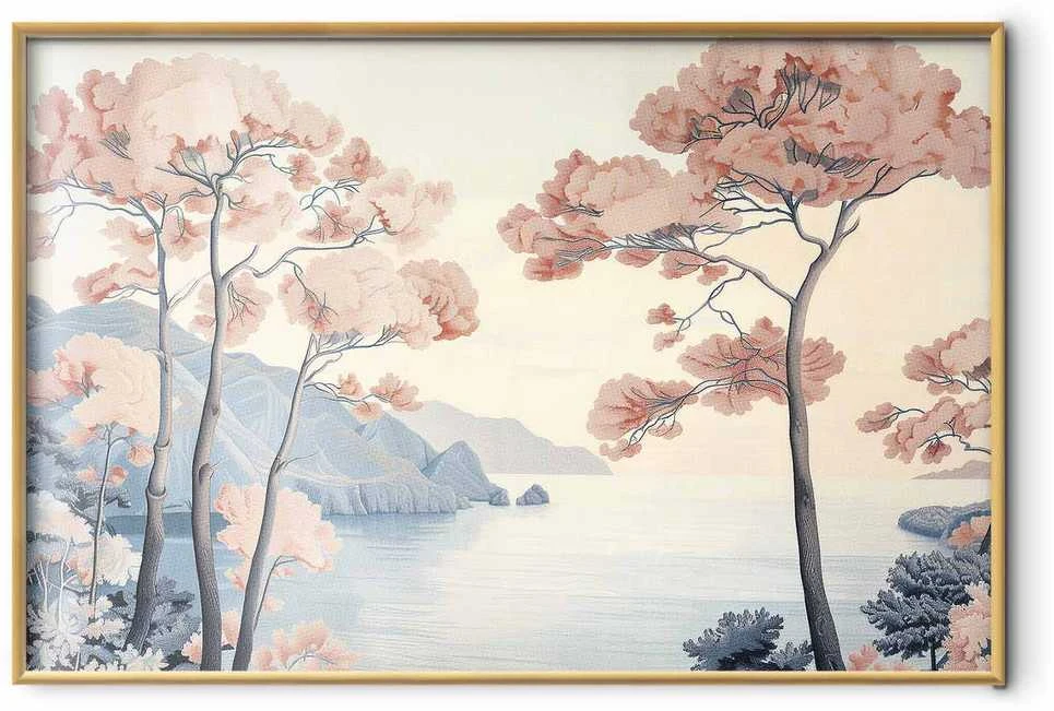 Artgeist Plakatas - Ocean Cliffs and Trees; Delicate Motif in Pastel Colors
