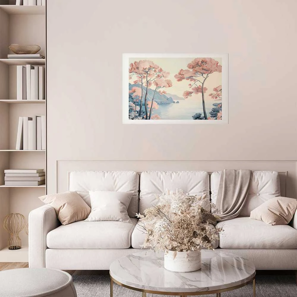 Artgeist Plakatas - Ocean Cliffs and Trees; Delicate Motif in Pastel Colors