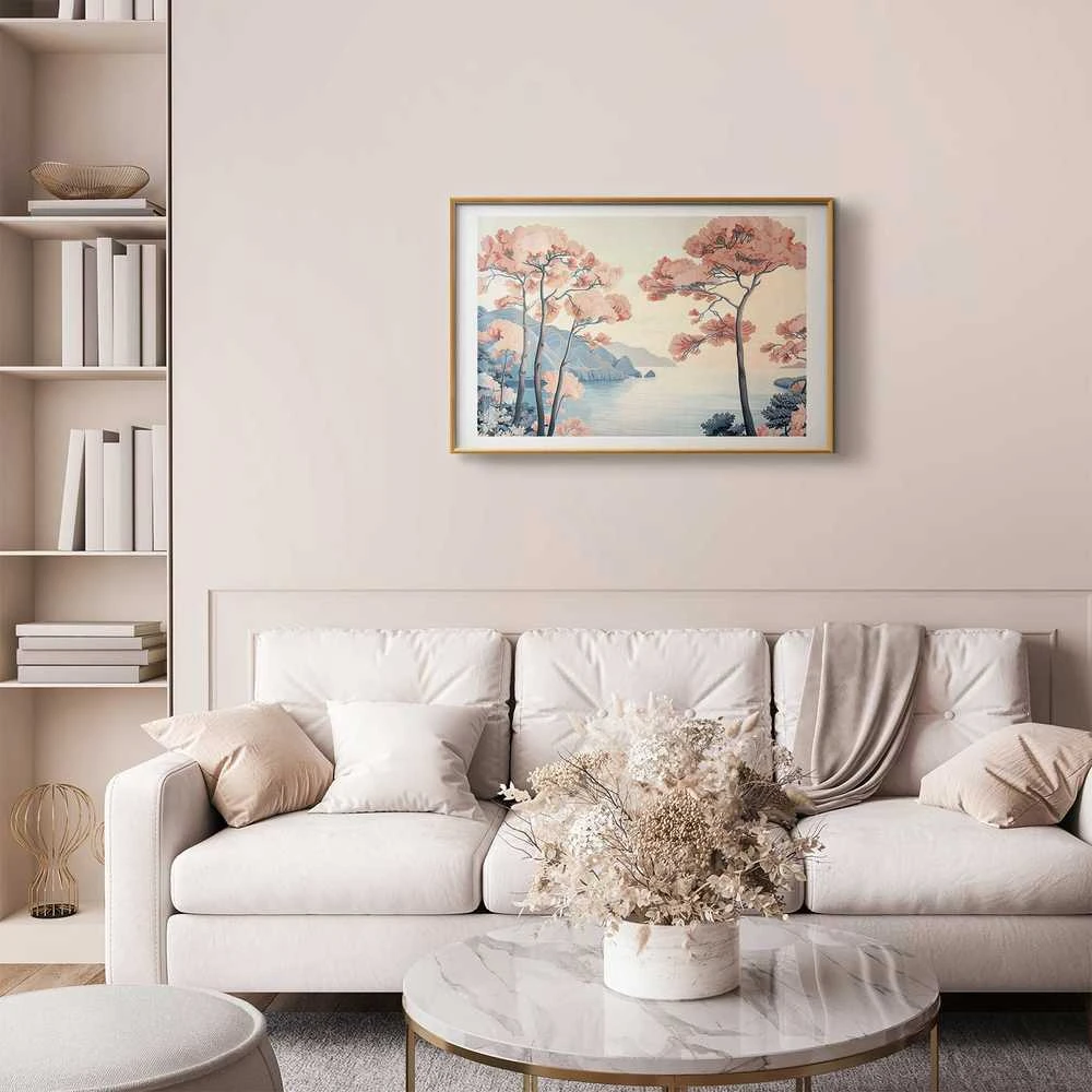 Artgeist Plakatas - Ocean Cliffs and Trees; Delicate Motif in Pastel Colors