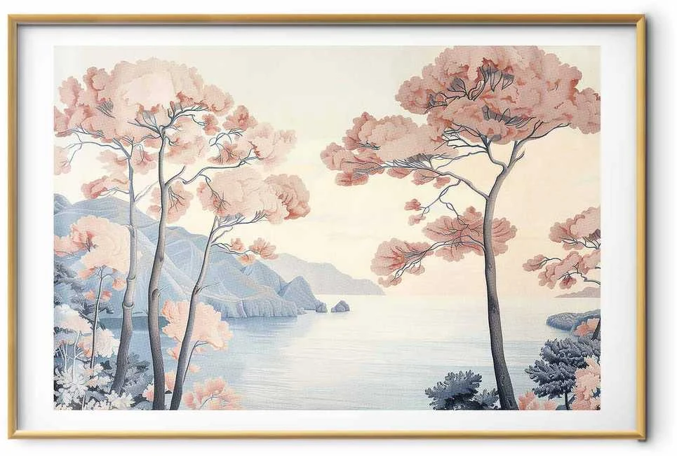Artgeist Plakatas - Ocean Cliffs and Trees; Delicate Motif in Pastel Colors