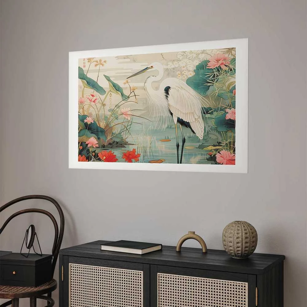 Artgeist Plakatas - Over the Asian Pond - illustration in the Japanese print style featuring a heron