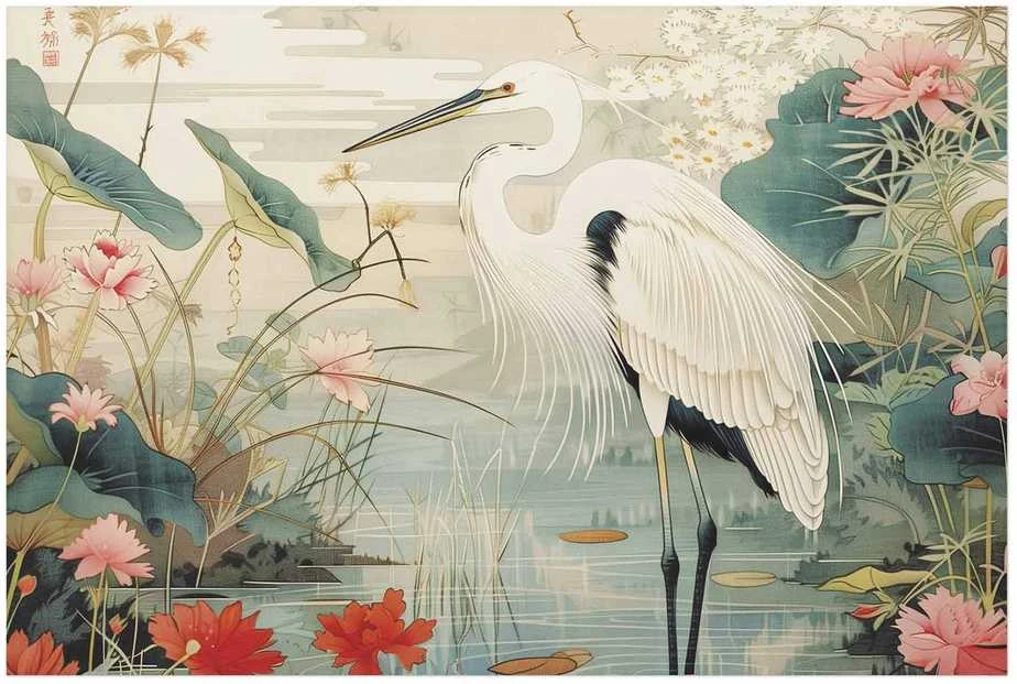 Artgeist Plakatas - Over the Asian Pond - illustration in the Japanese print style featuring a heron