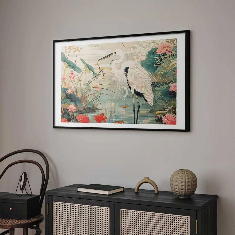 Artgeist Plakatas - Over the Asian Pond - illustration in the Japanese print style featuring a heron