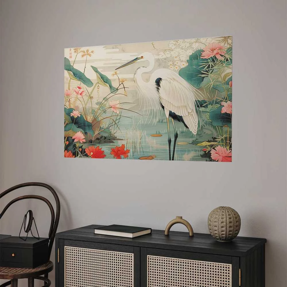 Artgeist Plakatas - Over the Asian Pond - illustration in the Japanese print style featuring a heron
