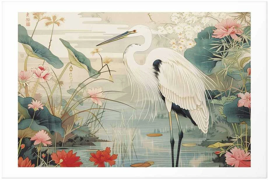 Artgeist Plakatas - Over the Asian Pond - illustration in the Japanese print style featuring a heron