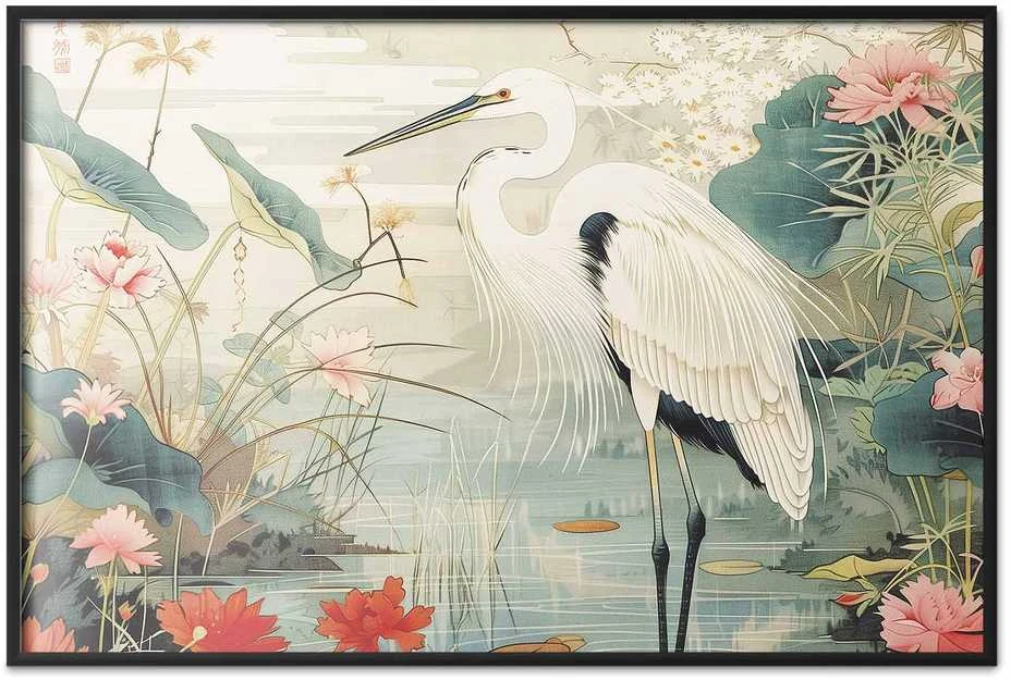 Artgeist Plakatas - Over the Asian Pond - illustration in the Japanese print style featuring a heron