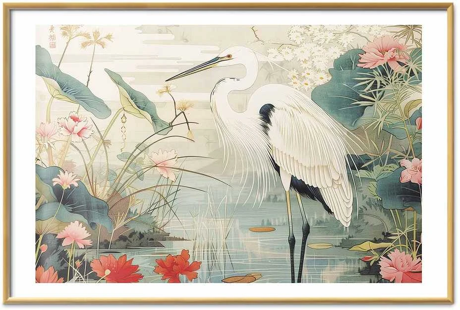 Artgeist Plakatas - Over the Asian Pond - illustration in the Japanese print style featuring a heron
