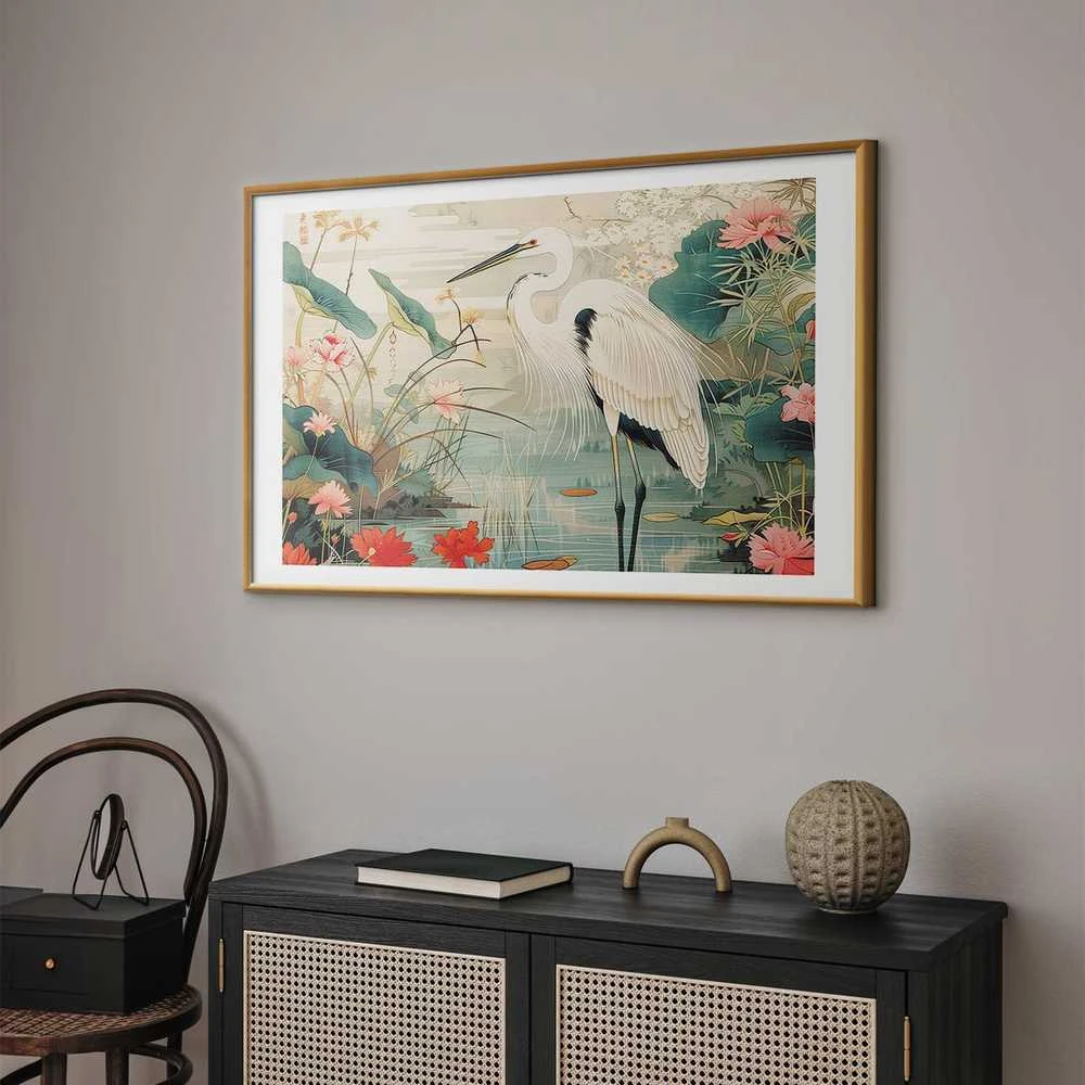 Artgeist Plakatas - Over the Asian Pond - illustration in the Japanese print style featuring a heron