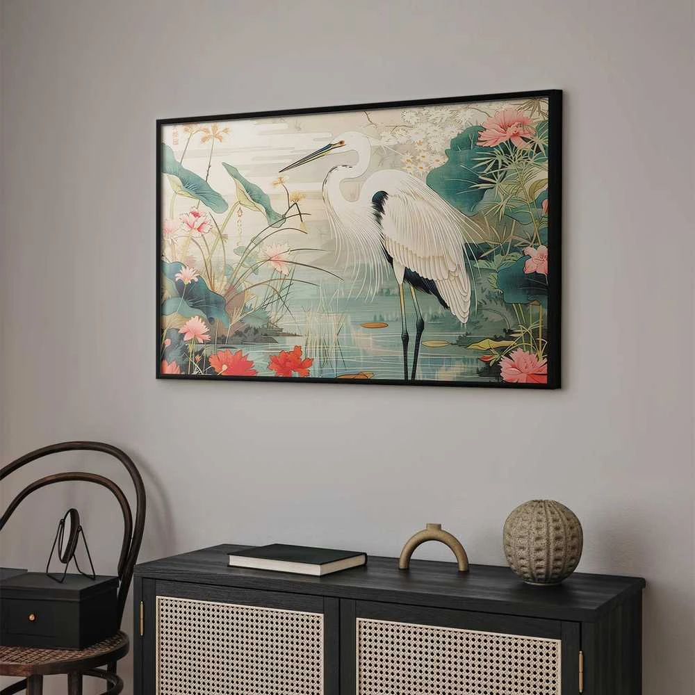 Artgeist Plakatas - Over the Asian Pond - illustration in the Japanese print style featuring a heron