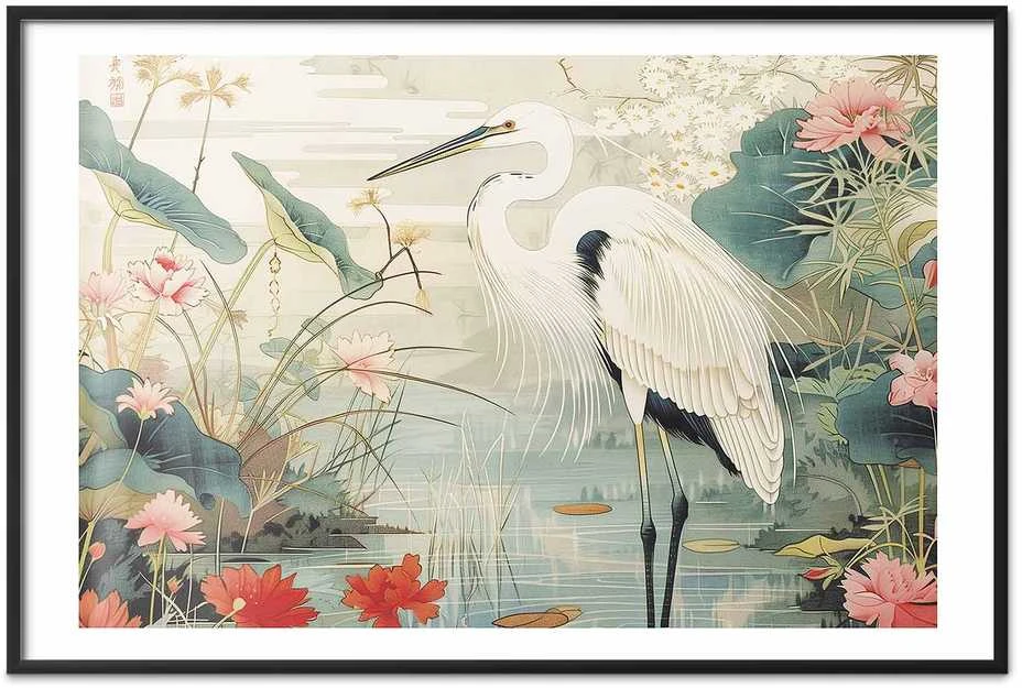 Artgeist Plakatas - Over the Asian Pond - illustration in the Japanese print style featuring a heron