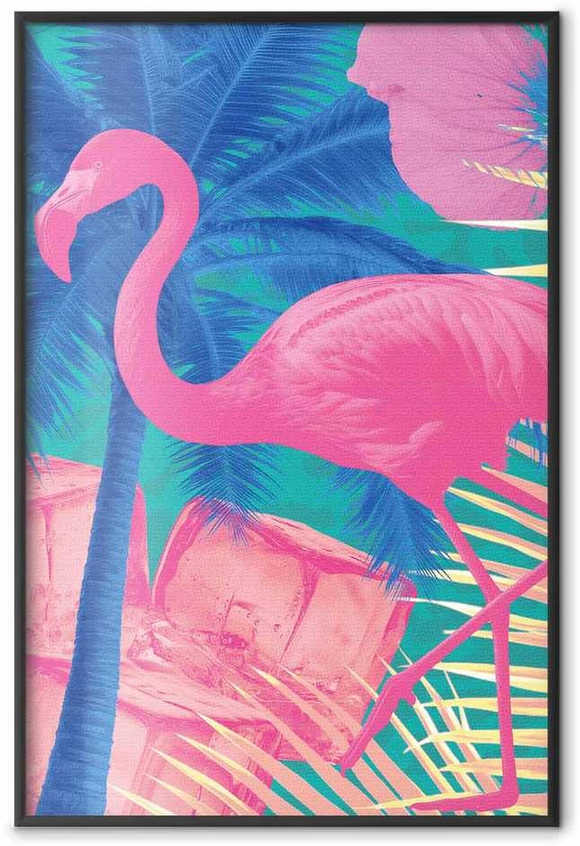 Artgeist Plakatas - Rožinė Flamingo - abstract flamingo against a background of palm trees and ice cubes