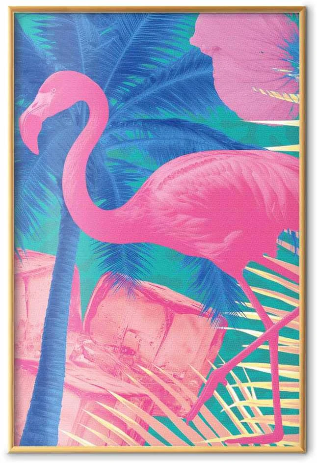 Artgeist Plakatas - Rožinė Flamingo - abstract flamingo against a background of palm trees and ice cubes