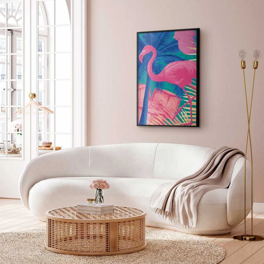 Artgeist Plakatas - Rožinė Flamingo - abstract flamingo against a background of palm trees and ice cubes