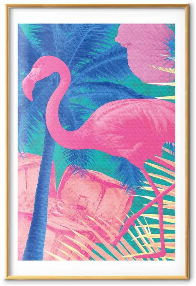 Artgeist Plakatas - Rožinė Flamingo - abstract flamingo against a background of palm trees and ice cubes