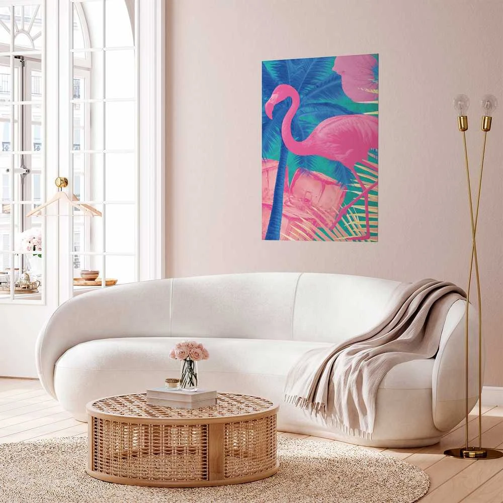 Artgeist Plakatas - Rožinė Flamingo - abstract flamingo against a background of palm trees and ice cubes