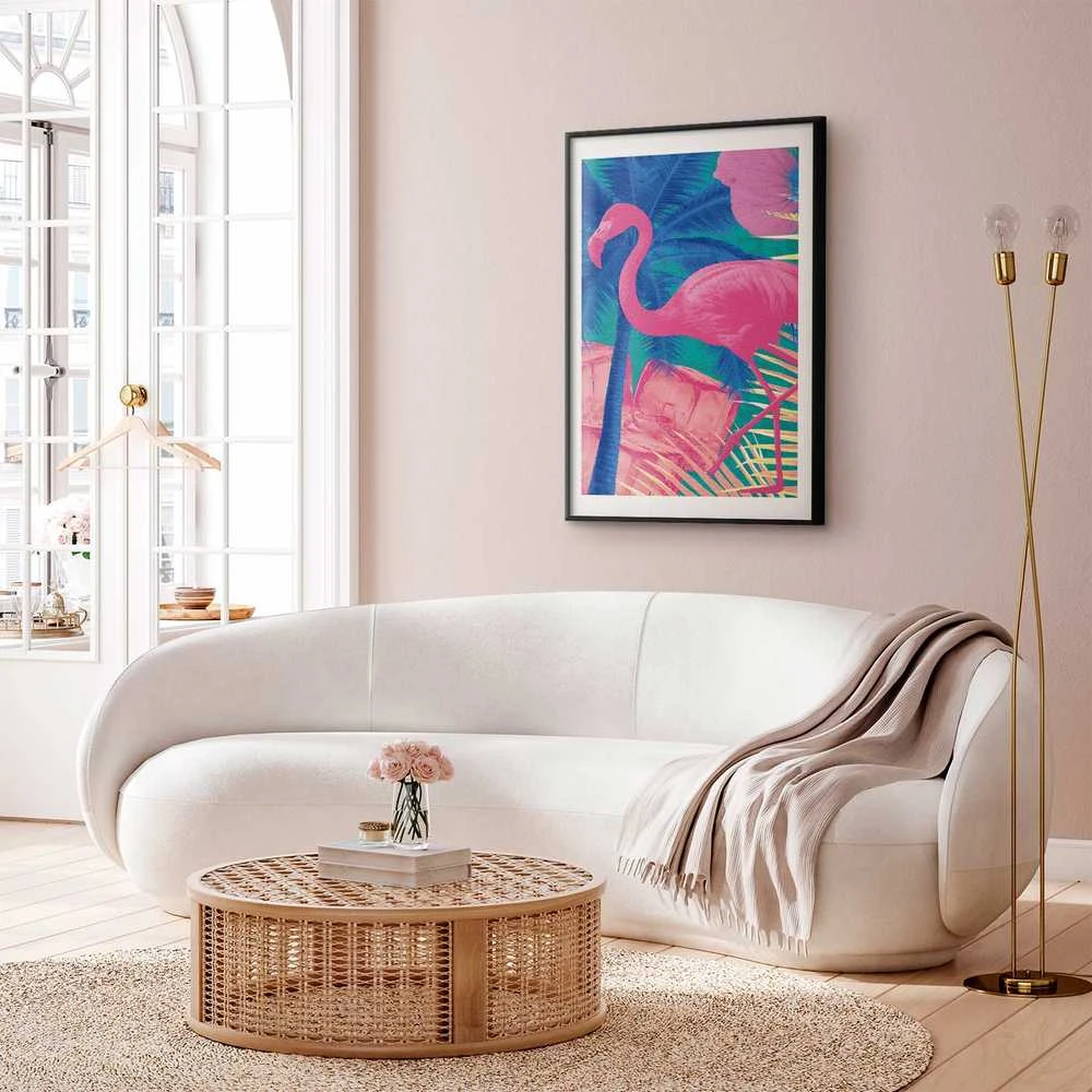 Artgeist Plakatas - Rožinė Flamingo - abstract flamingo against a background of palm trees and ice cubes
