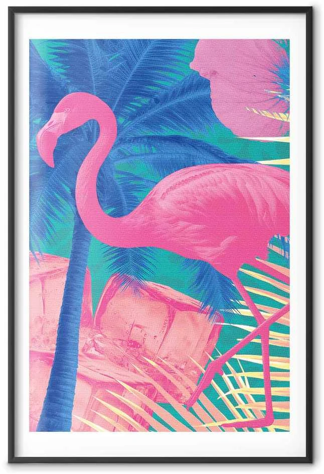 Artgeist Plakatas - Rožinė Flamingo - abstract flamingo against a background of palm trees and ice cubes