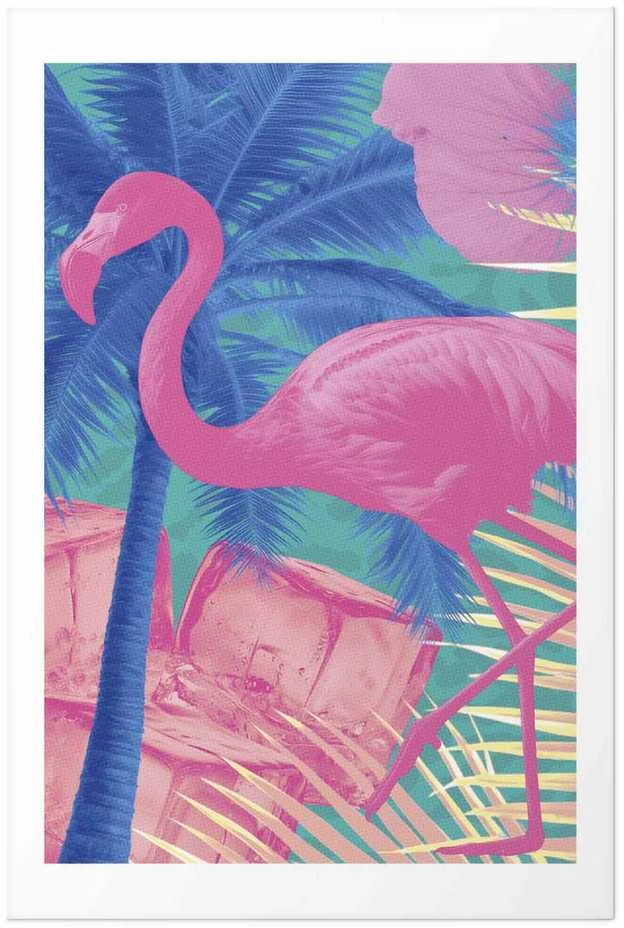 Artgeist Plakatas - Rožinė Flamingo - abstract flamingo against a background of palm trees and ice cubes