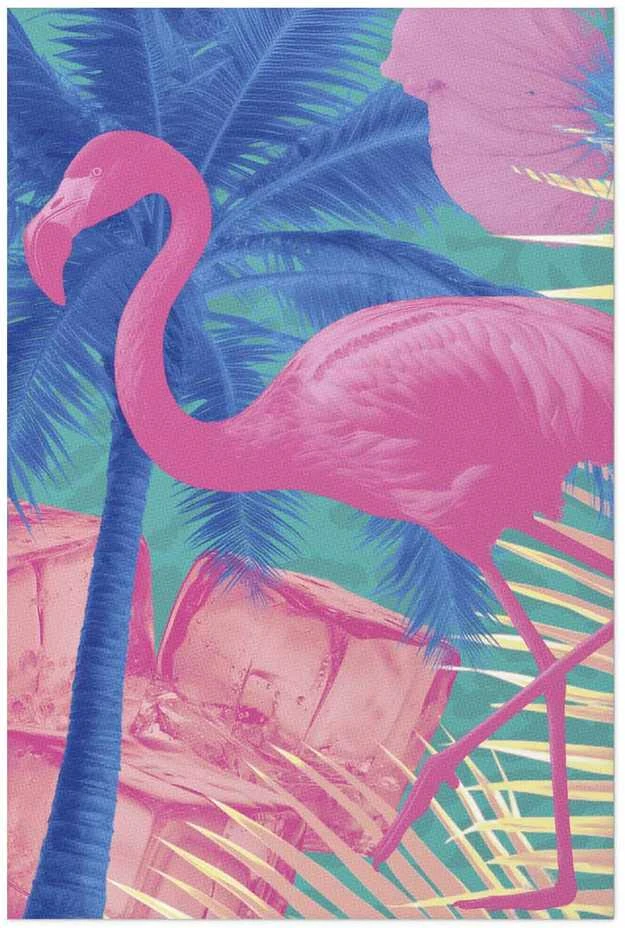 Artgeist Plakatas - Rožinė Flamingo - abstract flamingo against a background of palm trees and ice cubes