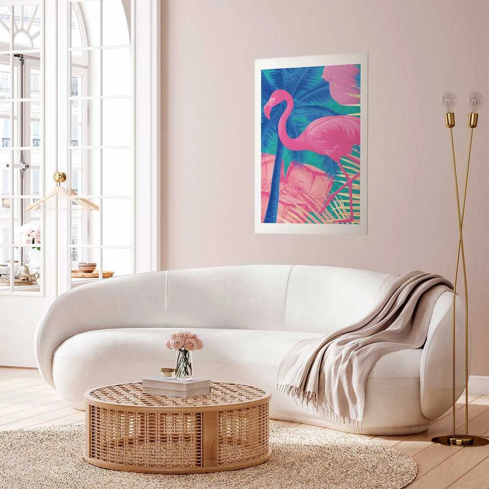 Artgeist Plakatas - Rožinė Flamingo - abstract flamingo against a background of palm trees and ice cubes