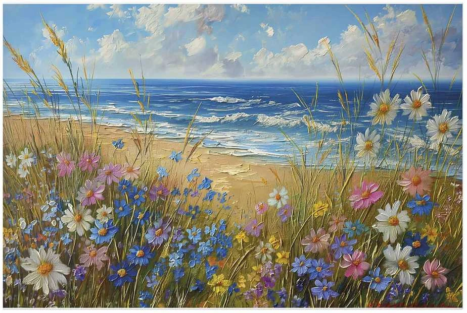 Artgeist Plakatas - Seascape – wildflowers and a view of the rough sea