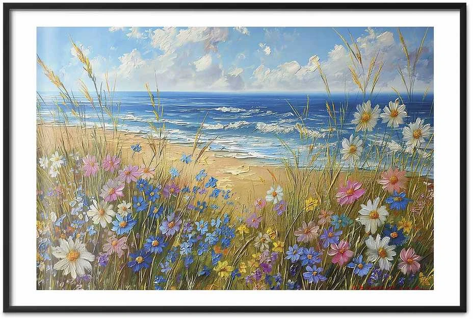 Artgeist Plakatas - Seascape – wildflowers and a view of the rough sea