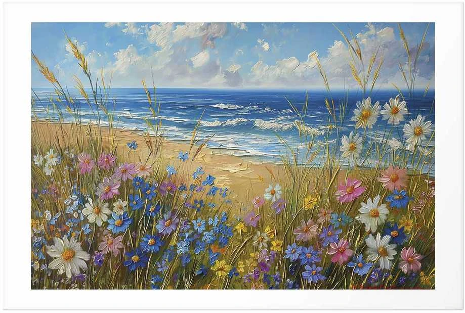 Artgeist Plakatas - Seascape – wildflowers and a view of the rough sea