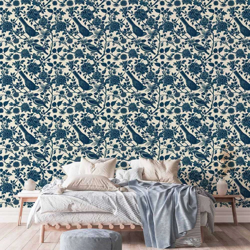 Artgeist Tapetas - Birds and roses - monochrome mėlynas pattern with botanical motif