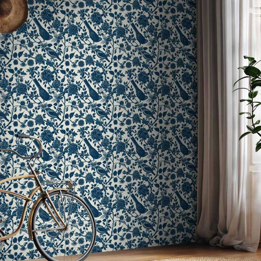 Artgeist Tapetas - Birds and roses - monochrome mėlynas pattern with botanical motif