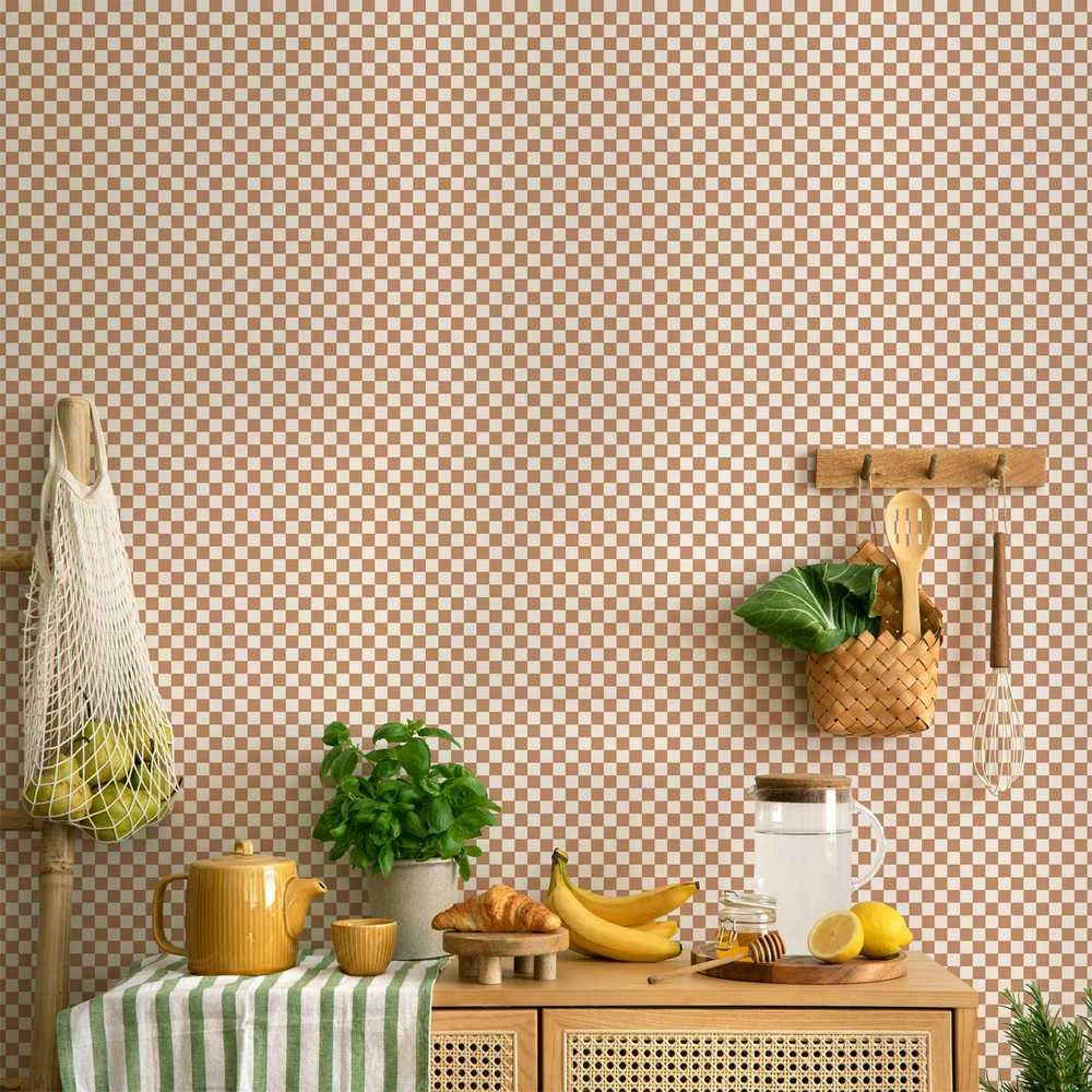 Artgeist Tapetas - Checkerboard Pattern - Brown-Baltas Grid with a Subtle Noise